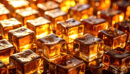 Wall Mural - a mesmerizing close-up of amber ice cubes with bubbles, illuminated by warm light, forming a captiva