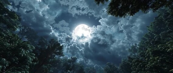 Wall Mural - Anamorphic video full moon through clouds in a lush forest 