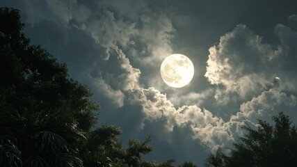 Wall Mural - full moon through clouds in a lush forest