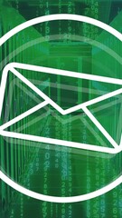 Wall Mural - email icon in animation over digital data stream in green technology setting
