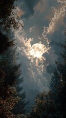 Wall Mural - vertical video full moon through clouds in a lush forest