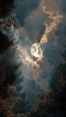Wall Mural - vertical video full moon through clouds in a lush forest