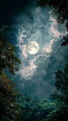 Wall Mural - vertical video full moon through clouds in a lush forest