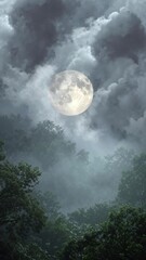 Wall Mural - vertical video full moon through clouds in a lush forest
