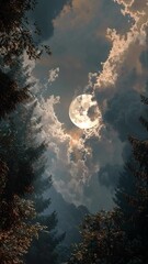 Wall Mural - vertical video full moon through clouds in a lush forest