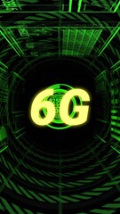 Wall Mural - animation of 6g text with digital data and futuristic green graphics