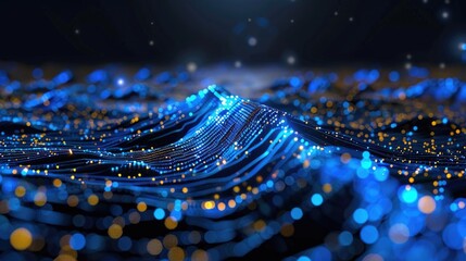 Wall Mural - 3d particle wave glowing in blue hues, representing data flow, technology, or sound waves in motion