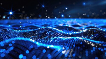 Wall Mural - 3d particle wave glowing in blue hues, representing data flow, technology, or sound waves in motion