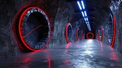 Wall Mural - Immersive dark tunnel in 360-degree panoramic view, endless curves and glowing edges in a seamless 3D environment