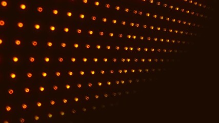 Wall Mural - glowing perspective orange dots forming luminous grid pattern on dark video background for dynamic d