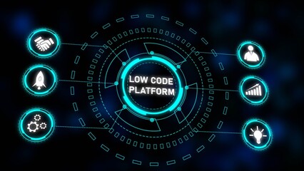 Low Code Platform Technology Concept Cyan Blue Digital Interface Circular Graphic Design White Icons Business Growth Startup Teamwork Idea