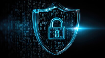 Digital Fortress: A glowing shield with a padlock against a backdrop of binary code, symbolizing data protection and cyber security.