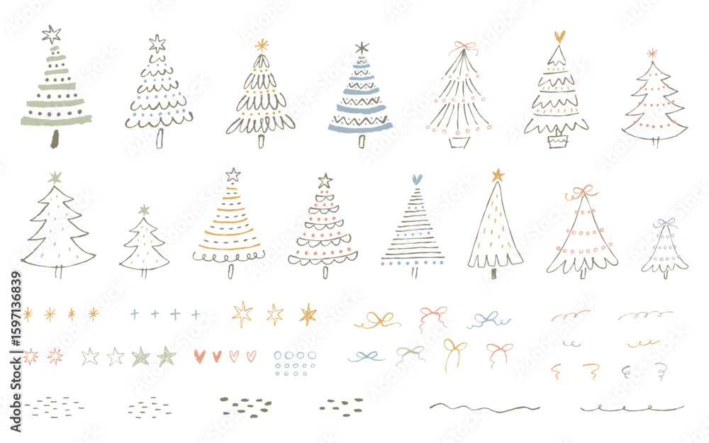 手描きのクリスマスツリーと装飾用素材のセット。ペンで描いた落書き