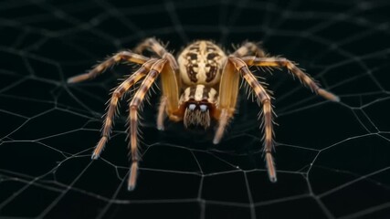 Spider on Web Close-Up - A detailed close-up of a spider resting in the center of its web. The spider's intricate markings and the delicate structure of the web are clearly visible against a dark