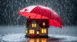 © Asghar - A miniature house is being protected from heavy rain by a bright red umbrella, symbolizing home insurance and security during storms