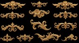A collection of twelve golden baroque ornaments on a black background