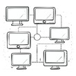 © MdMajlur - Six outline drawings of computer monitors of different sizes connected in a network