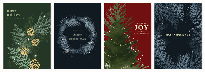 Wall Mural - Christmas and Happy holiday greeting card vector set. Elegant wallpaper with pine leaves, pinecone, christmas tree, wreath. Holidays design illustration for cover, print, poster, Happy New Year, ads.