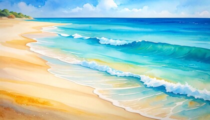  Serene Coastal Watercolor: Beachscape of Tranquil Waves