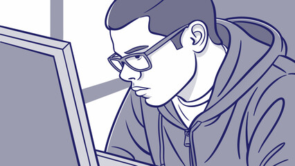 Man working on computer wearing glasses and hoodie programmer developer coding software engineer concept