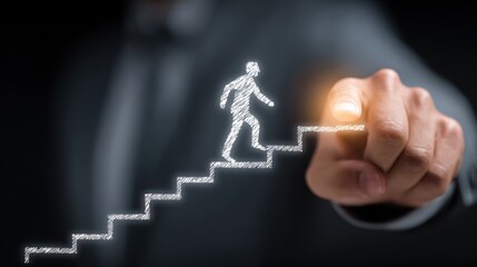 Wall Mural - Path to Success: A business person's hand points towards a conceptual drawing of a person ascending a staircase, representing progress, goals, and ambition.
