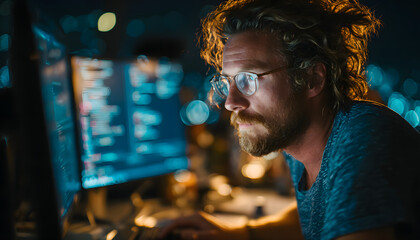 Software developer man coding script in modern office. Focused coder at computer monitor. Cyber security specialist works on desktop pc. Programmer typing on keyboard. Engineering team working at