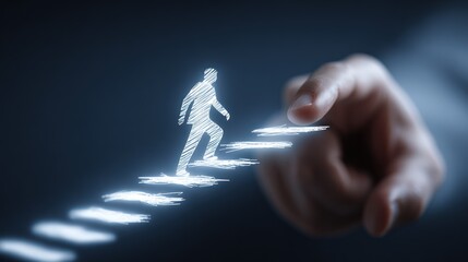 Wall Mural - Ascending to Success: A graphic illustration depicts a person climbing stairs, symbolizing growth and achievement. A hand guides the ascent.