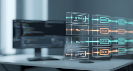 Glowing boxes displaying optimization workflow