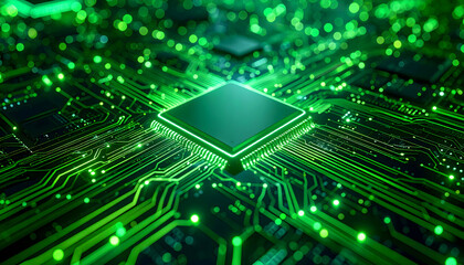 Illuminated Green Circuit Board: Futuristic Technology and Digital Processing Concept