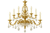 Luxurious golden chandelier hanging with sparkling crystal pendants, illuminating soft candlelight against transparent backdrop