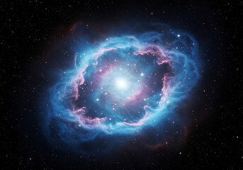 Wall Mural - Colorful and ethereal deep-space nebula, featuring bright central light surrounded by swirling blue and pink gas and dust