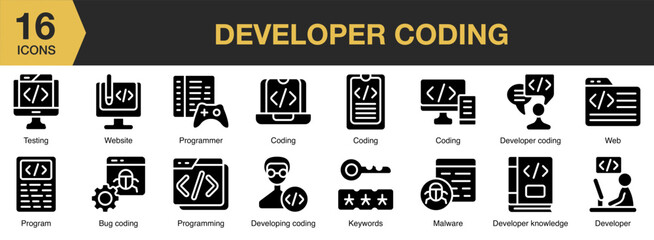 Developer Coding solid icon set. Includes programmer, code, development, application, digital, and More. Solid icons vector collection.
