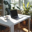 © Rashida - Minimalist Remote Work Desk with Laptop, Coffee Mug, and Natural Lighting – AI Generated