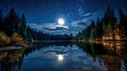Wall Mural - A serene lake reflects the bright full moon and starry sky, bordered by lush pine trees. The calm water creates a mirror-like effect, enhancing the peaceful night atmosphere.