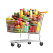 © abdullah - A metal shopping cart overflowing with a diverse selection of fresh produce, packaged juices, and other grocery items