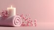 © Quantum Vistas - Relaxation essentials candle and towel arrangement in soft pink spa setting minimalist view