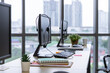 © wirojsid - Call center desk with computer monitor, headset, keyboard, and office supplies