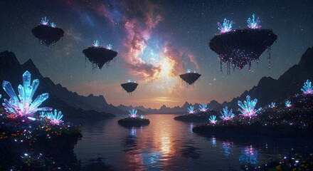 surreal fantasy landscape with floating islands and a cosmic starlight river