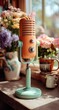 © Abdul - Retro microphone on a windowsill, surrounded by flowers and pottery