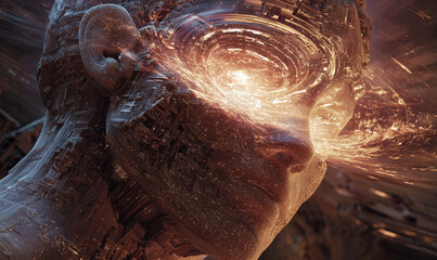 Surreal digital artwork of a translucent human head opening up to reveal a glowing inner universe simulating a neural network integrated into a symbolic language structure