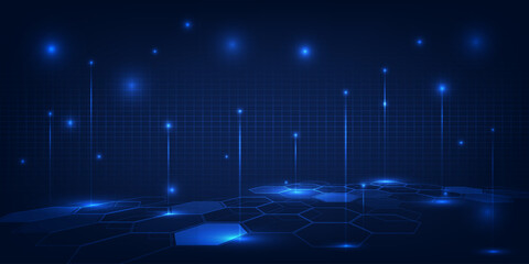 Wall Mural - Vector illustration of futuristic digital technology background with glowing dots floating on digital landscape and wave wireframe above for game graphic and advertising artwork.