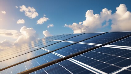 Modern solar panel array against dramatic cloudy sky, renewable energy technology for sustainable power generation and eco-friendly solutions