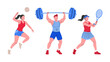© NUR - Flat vector illustration of athletes performing sports activities: volleyball, weightlifting, and tennis. Ideal for fitness, sports events, or health and activity themes.