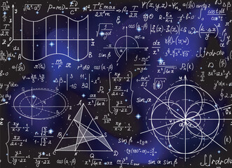 Wall Mural - scientific vector endless seamless pattern with math and physics formulas and calculations handwritt