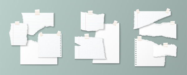 Torn paper realistic scrapbook elements - white ripped notebook sheet with tape, grid page and jagged edges. Blank memo scraps attached with adhesive tape for journaling, collage or memory book layout