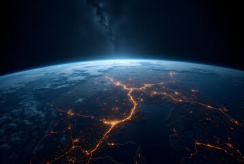 Wall Mural - Earth View From Space at Night with City Lights and Stars
