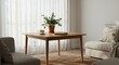© Iza - Minimalist wooden table in cozy living room, soft natural light, serene domestic still life.