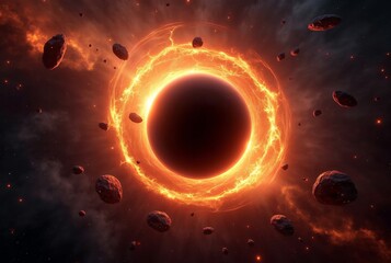 Wall Mural - Spinning Black Hole with Ring of Fire and Asteroid Field