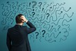 © Pixels Hunter - Confused businessman scratching head in front of chaotic question marks and arrows on blue background representing decision-making concept.