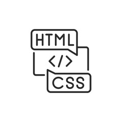 HTML CSS icon. Front-end development icon showing HTML and CSS speech bubbles with code symbol. Concept for website design, web layout, or coding interface. Vector illustration
